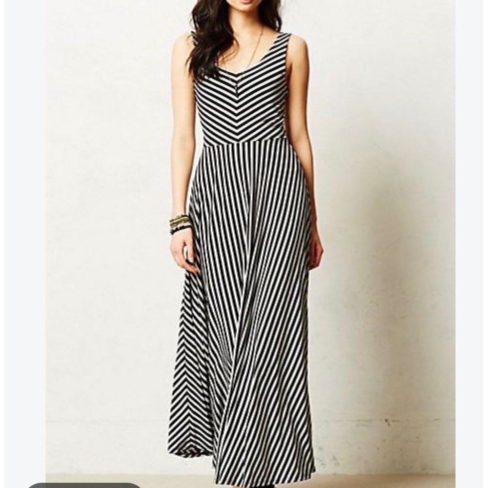 Puella Anthropologie Striped V-Neck Maxi Dress Black Gray Large Petite LP